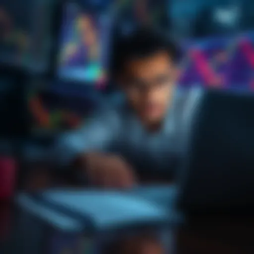 A trader looks concerned while analyzing losing trades on a laptop, with financial charts on the screen and notes nearby for strategy improvement.