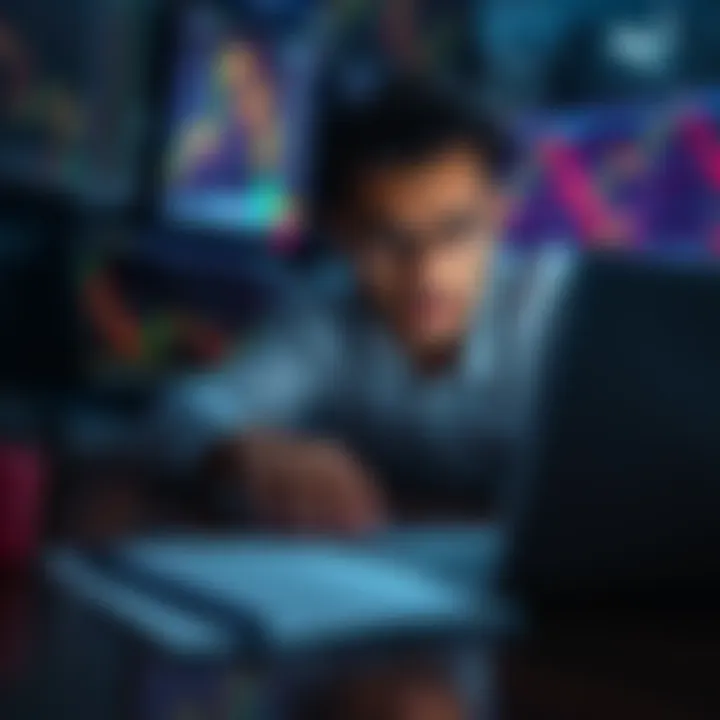 A trader looks concerned while analyzing losing trades on a laptop, with financial charts on the screen and notes nearby for strategy improvement.