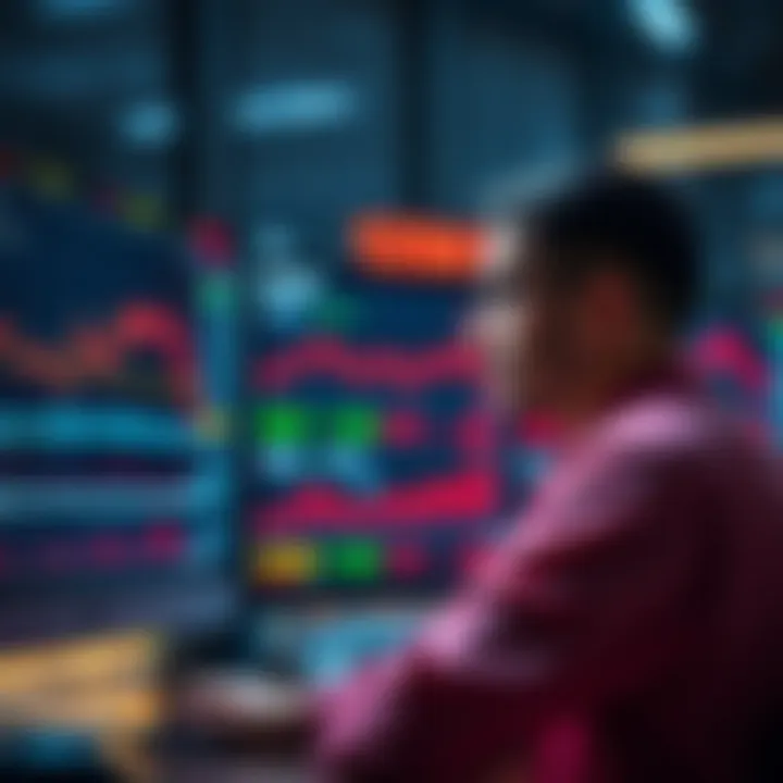 A trader looking at a computer screen with market charts, showing red numbers indicating losses.