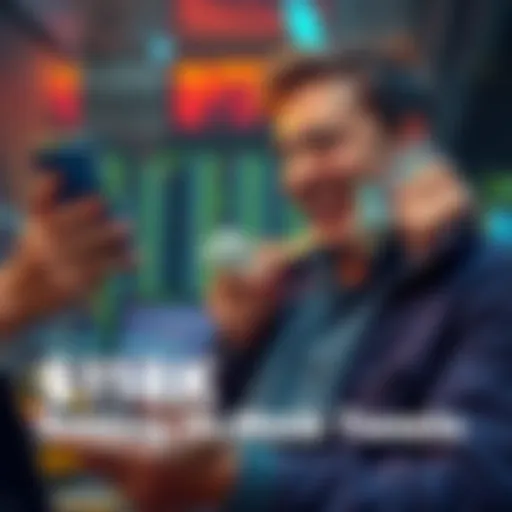 A happy trader counting cash and looking at a phone displaying tweets, symbolizing success in betting on Elon Musk's social media activity.