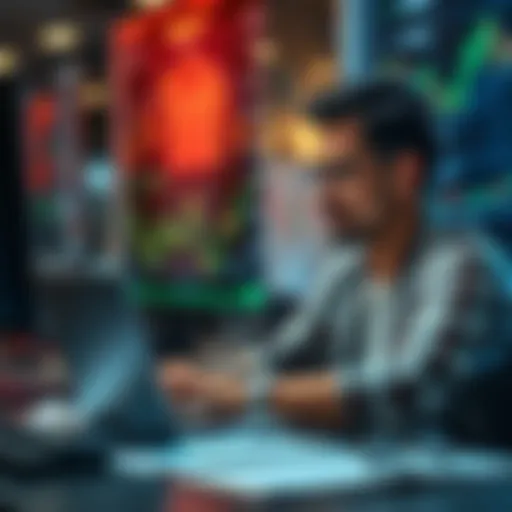 A person sitting at a desk with a laptop, looking thoughtful while reviewing trading charts and notes.