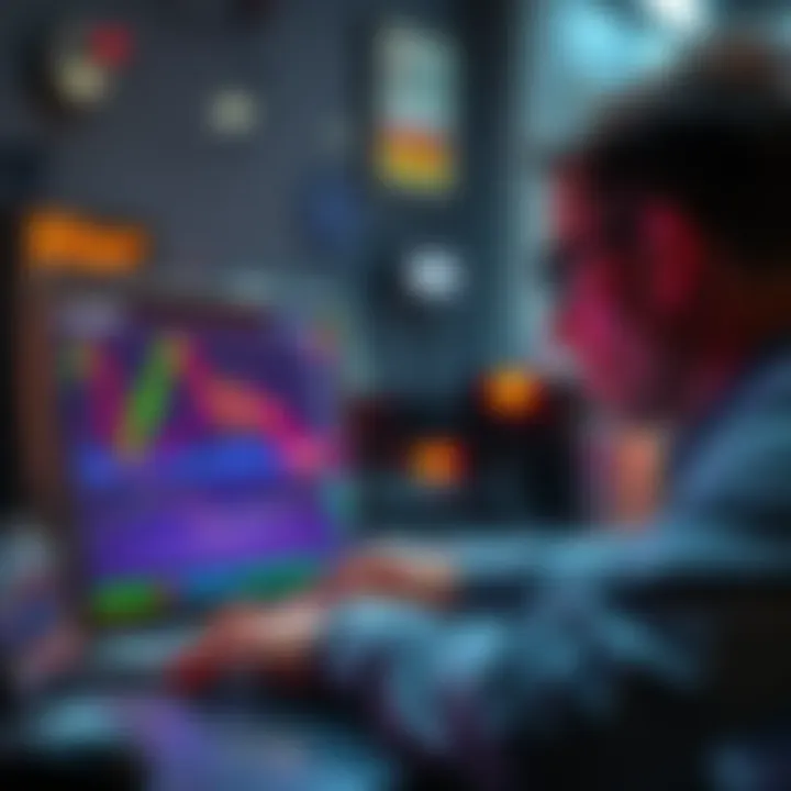 A worried crypto trader looking at a financial chart on his laptop, showing a steep decline followed by a recovery.