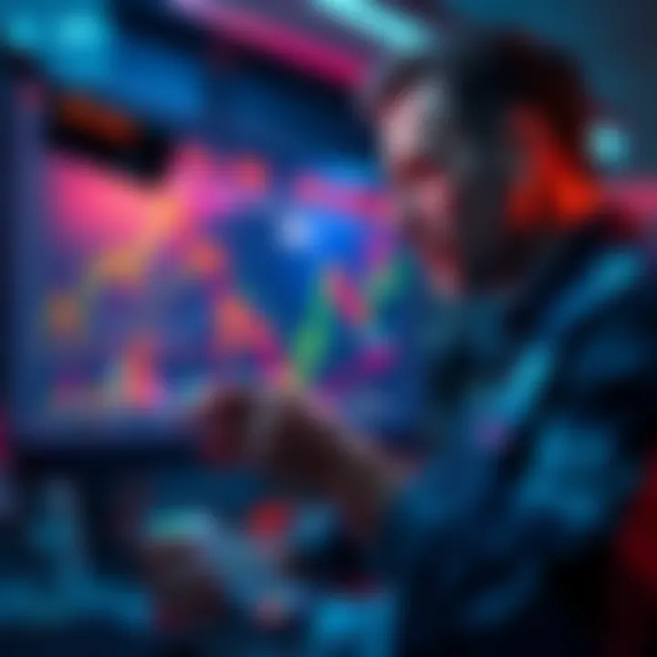 A trader studies a cryptocurrency chart with fluctuating prices, showing signs of excitement and concern based on market changes.