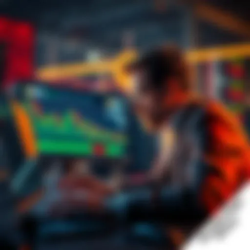 A trader looking at a chart showing Bitcoin's price decline, with a worried expression and a laptop open displaying trading data