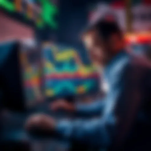 A person analyzing Bitcoin price charts on a computer, showing signs of frustration and hope, with graphs indicating losses and potential gains in view.