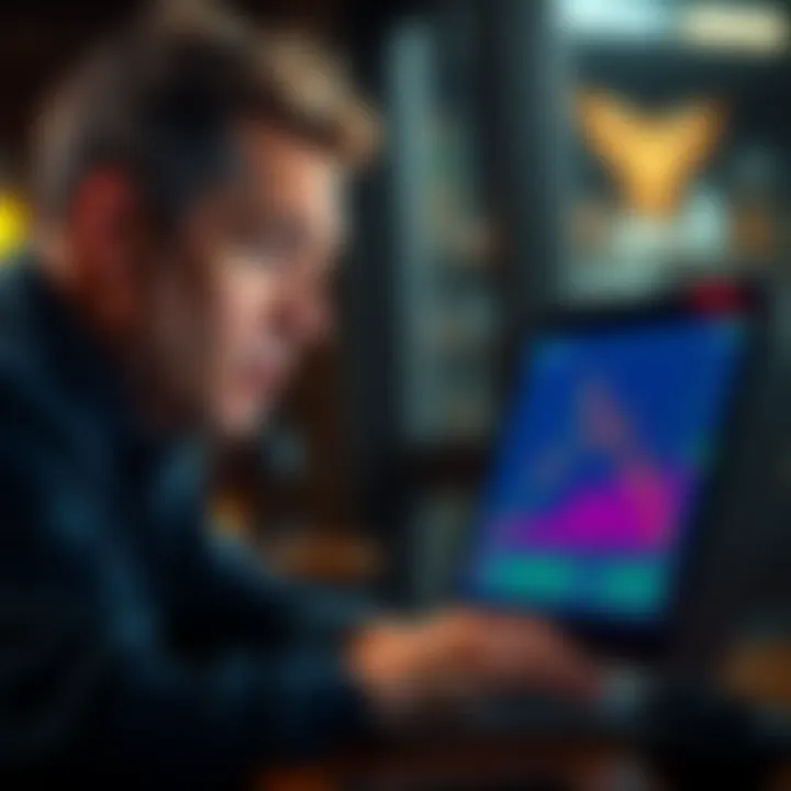 A worried trader looking at a Bitcoin chart on their laptop, showing a downward trend. They have a stressed expression, symbolizing financial anxiety.