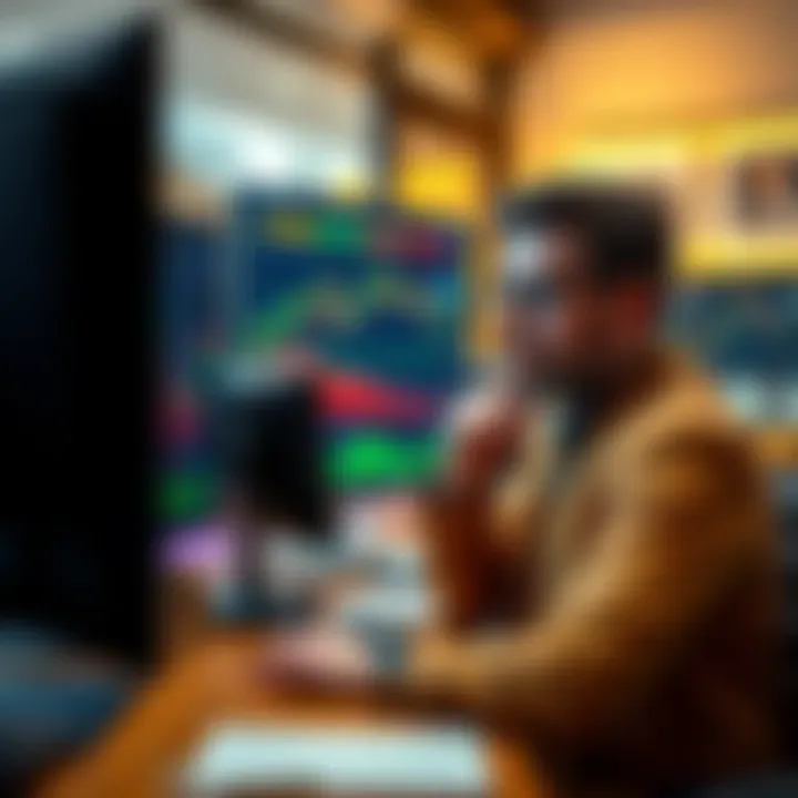 Trader analyzing Bitcoin charts with a thoughtful expression, showing graphs and numbers on a screen in a room with financial elements around.