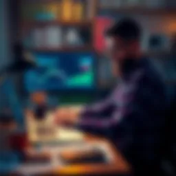 A trader sitting at a desk looking at Bitcoin charts on a laptop, with financial documents and a calculator nearby, contemplating a loan for trading.