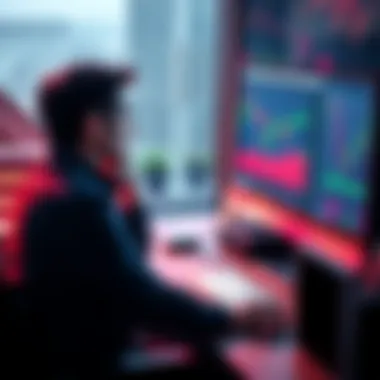 Trader contemplating luck A trader sitting at a desk, looking at stock charts on a computer screen with a thoughtful expression, symbolizing the role of luck in trading success.