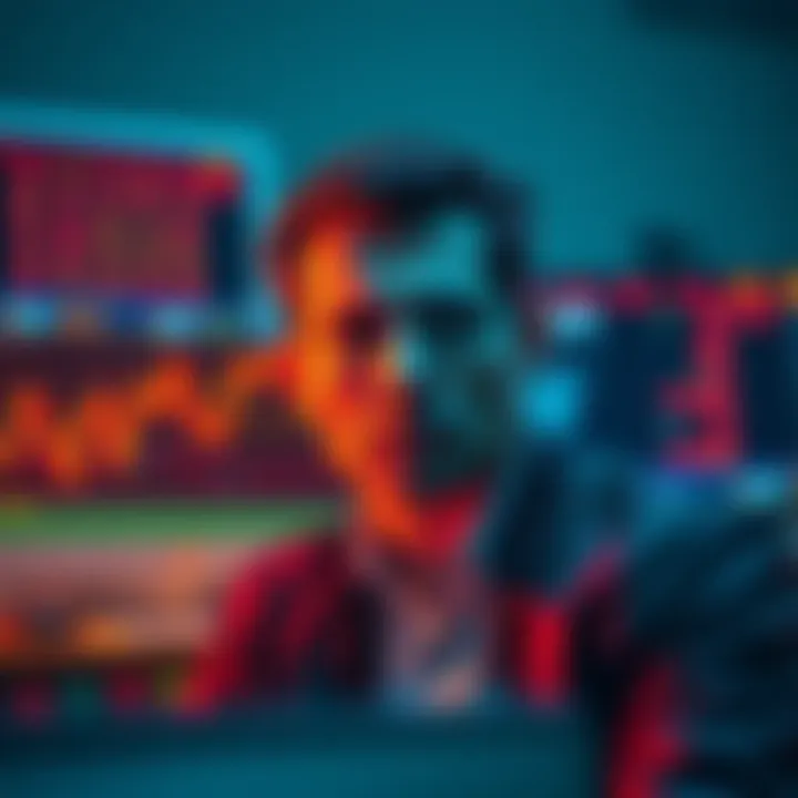 A trader looking worried in front of a computer screen showing falling stock prices