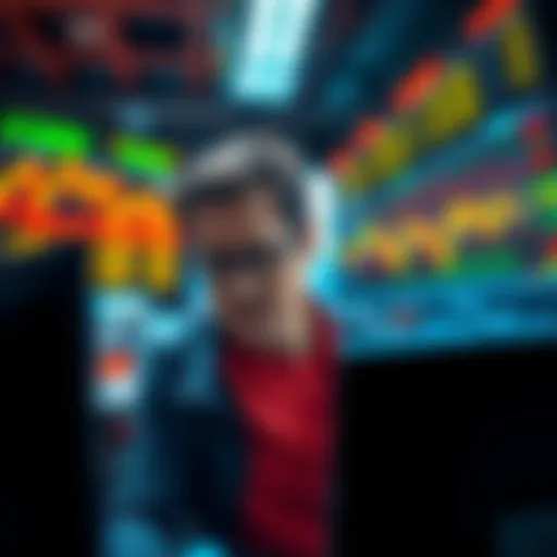 A trader looks distressed while staring at a computer screen showing declining stock prices, symbolizing their journey from wealth to poverty.