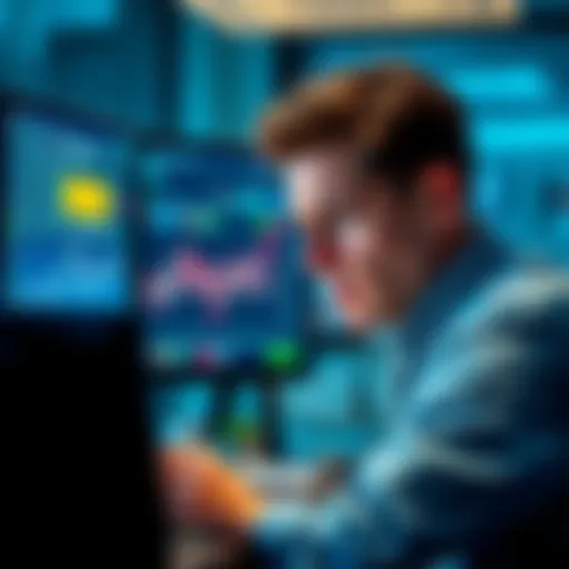 A trader looking upset while staring at a computer screen showing a frozen account message and a chart with profit gains.