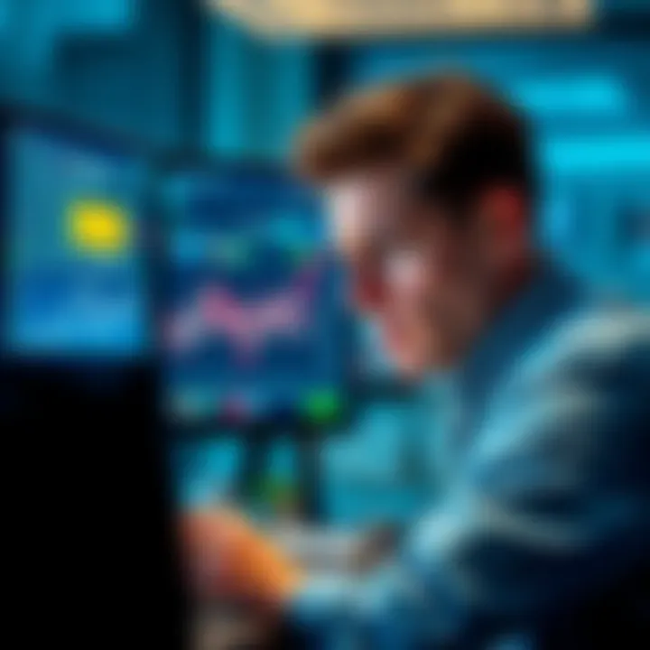 A trader looking upset while staring at a computer screen showing a frozen account message and a chart with profit gains.