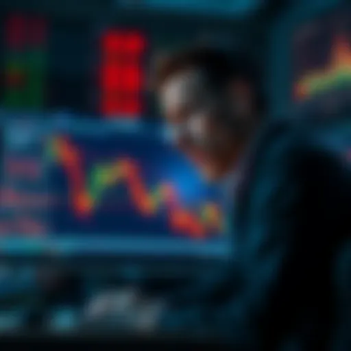 Trader looking worried on a computer screen showing a downward trend in market graphs.