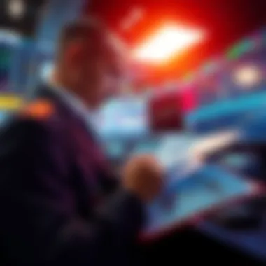 Trader invests in financial markets A trader examines stock charts and investment documents after making a $53 million purchase, anticipating geopolitical impacts from Trump's Iran speech.