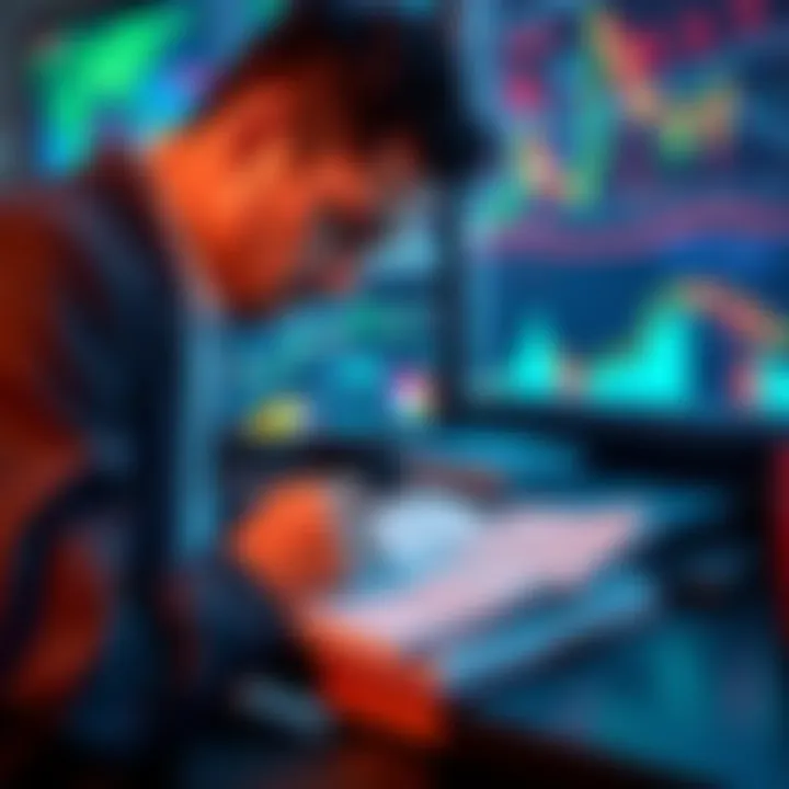 A trader focused on writing notes in a trading journal, surrounded by charts and graphs to track market trends.