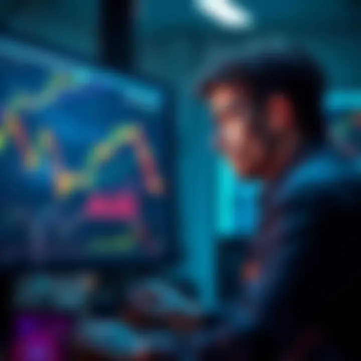 A frustrated trader gazes at fluctuating cryptocurrency charts on a computer screen, reflecting on their recent loss.