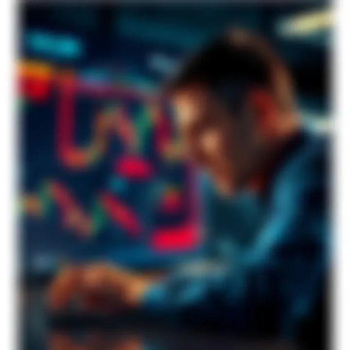 A trader looks distressed while reviewing charts on a laptop showing declining cryptocurrency values