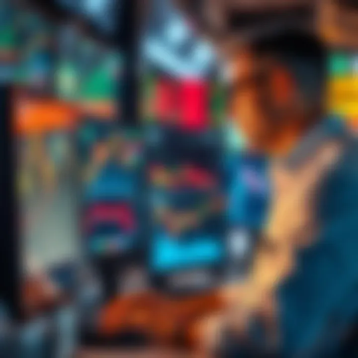 Trader analyzing market trends A trader looking at charts and graphs on a computer screen to assess market trends before selling stocks.