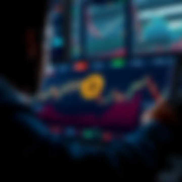 Trader Monitoring Bitcoin Prices A trader looks at a screen showing Bitcoin prices, displaying a chart with rising trends and emotional expressions of concern and frustration.