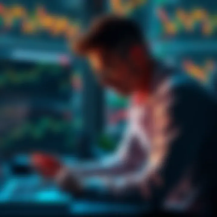 A trader sits at a desk looking at financial charts, deep in thought about the future of their investment after selling at 50 cents.