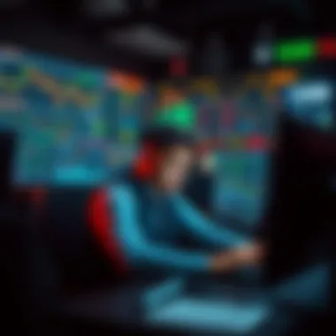 A trader sitting at a desk with multiple screens, looking overwhelmed while reviewing trading statistics and charts, reflecting on stress and mental health.