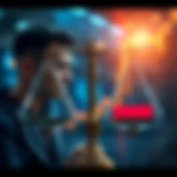 A trader looking at two scales, one side showing low fees and the other side showing liquidity, symbolizing the decision-making process in choosing an exchange.