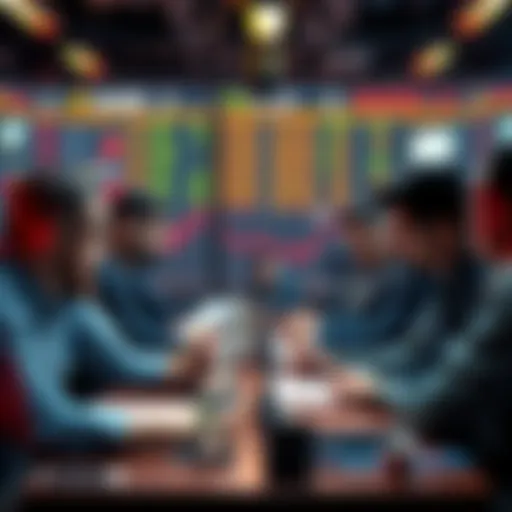 A group of traders gathered around a table, discussing strategies and coping lines during market dips, showing mixed emotions.