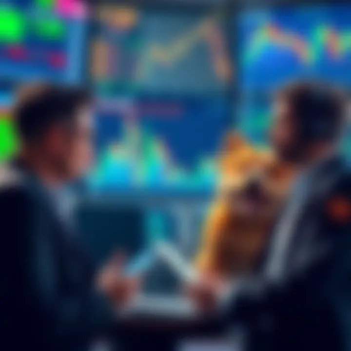 A group of traders sharing thoughts on cryptocurrency investments, with charts and graphs displayed in the background