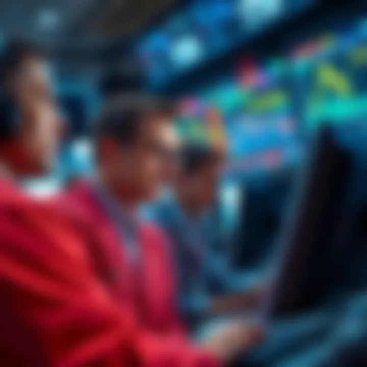 Traders looking at screens showing market trends, with some showing losses and others showing gains.