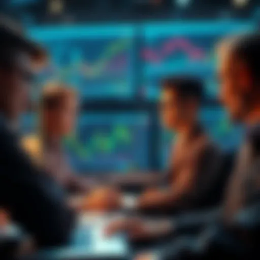 Group of traders reviewing charts and graphs on computer screens, focusing on market strategies for Pi trading