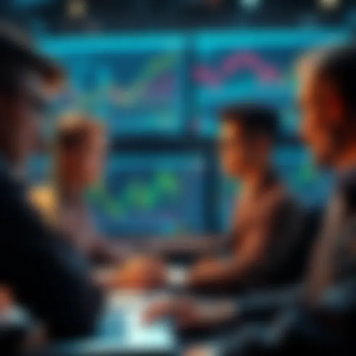 Group of traders reviewing charts and graphs on computer screens, focusing on market strategies for Pi trading