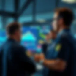 A group of traders reviewing financial charts on a screen, looking concerned about market losses, with graphs showing a downward trend in profits.