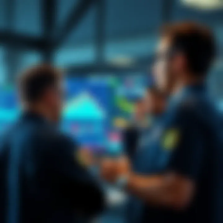 Traders Analyzing Market Charts A group of traders reviewing financial charts on a screen, looking concerned about market losses, with graphs showing a downward trend in profits.