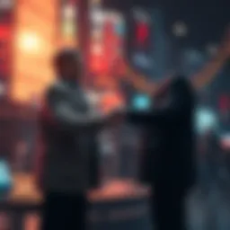 Two traders shaking hands, symbolizing partnership and farewell at a trading event.