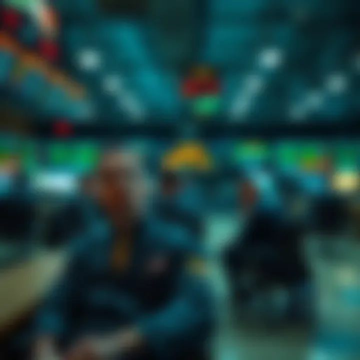 A group of traders looking worried and contemplative in an empty trading room, reflecting the aftermath of a market crash