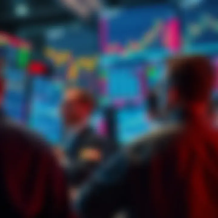 A group of traders closely monitoring market charts on screens, displaying rising and falling stock prices, representing the anticipation of a significant trading event.