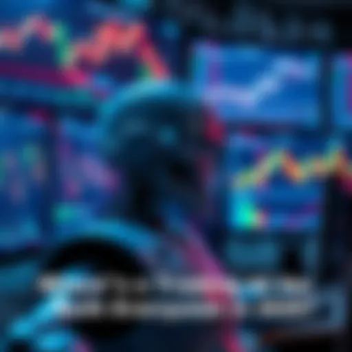 A digital representation of a futuristic trading AI bot analyzing stock market data on multiple screens, with graphs and charts in the background.