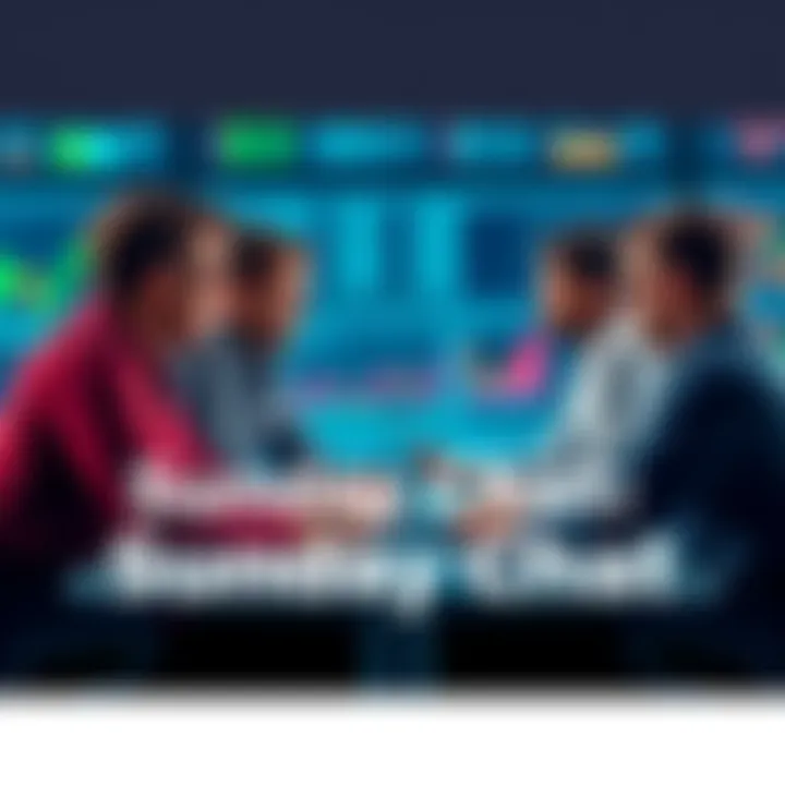 A group of people discussing trading tips and strategies with charts and graphs in the background