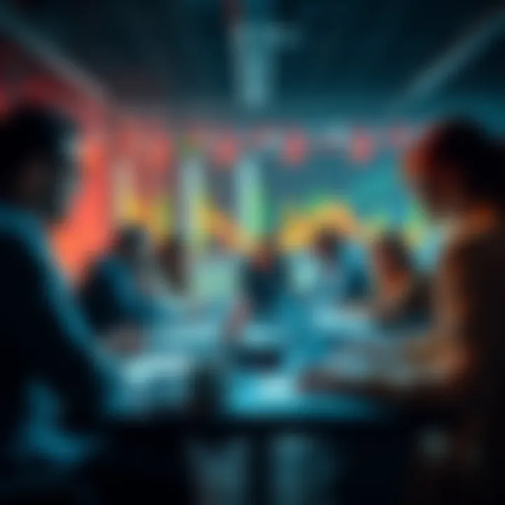 Trading Discussion Group People engaging in a lively trading discussion, sharing insights and strategies around a table with laptops and notes.