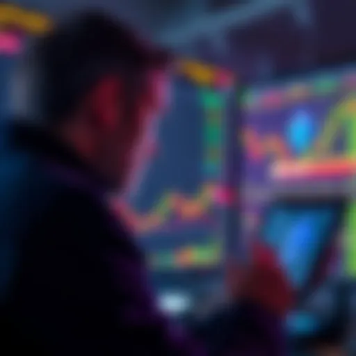 A person looking at a chart with Ethereum logos and price trends, analyzing crypto trading strategies.