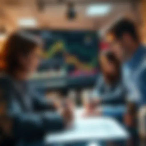 People engaging in a trading discussion with charts and notes in the background