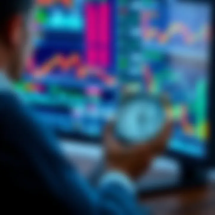 A person looking at a computer screen filled with trading charts while holding a clock, symbolizing the struggle of time management in trading