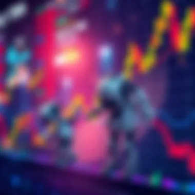 An illustration showing trading bots managing grid strategies on a fluctuating market graph