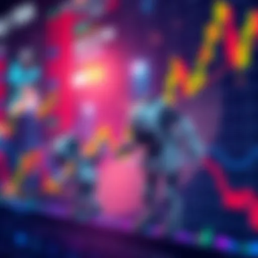 An illustration showing trading bots managing grid strategies on a fluctuating market graph