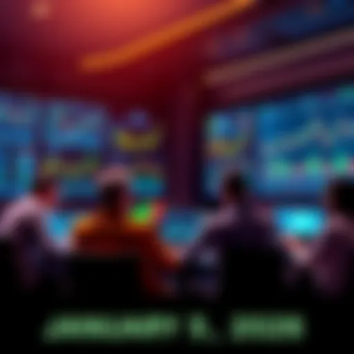 A group of people engaging in a discussion about trading strategies and technical analysis, with charts and graphs displayed on screens.