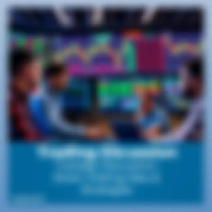 A group of traders discussing ideas and strategies, with charts and graphs on a screen, creating a collaborative atmosphere.