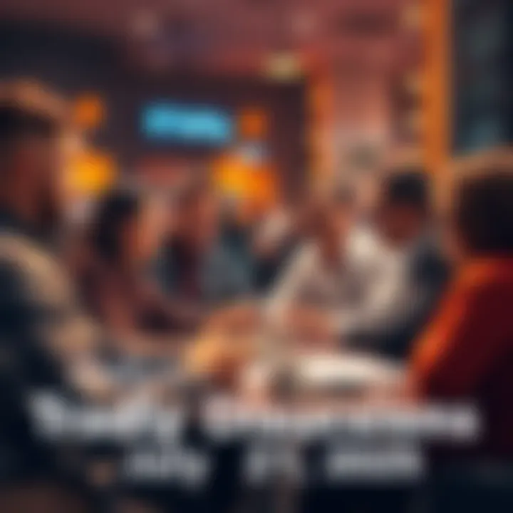 People engaging in a lively discussion about trading strategies and ideas.