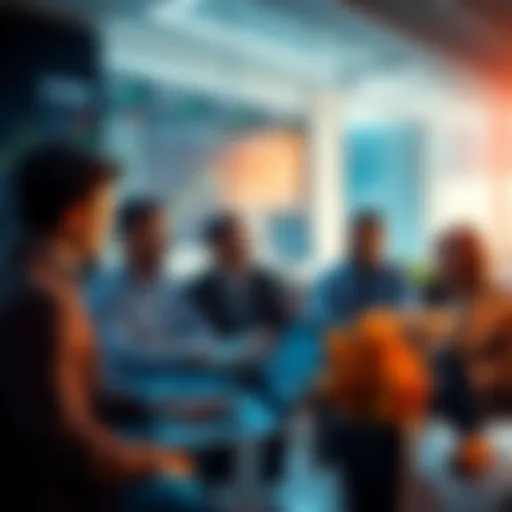 A group of traders discussing strategies with charts and laptops in a modern office setting.