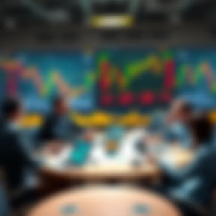 A group of people engaging in a lively conversation about trading strategies and current events at a round table with laptops and charts around them.